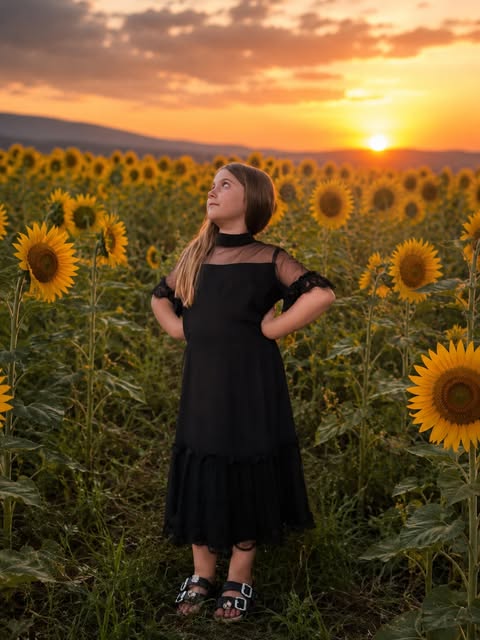 Eva among sunflowers at sunset